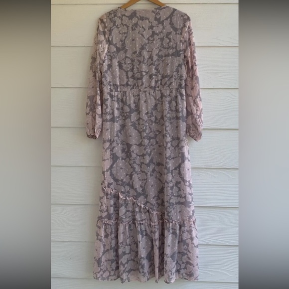 Lovestitch Pink Grey Floral Swiss Dot‎ Maxi Shift Dress Medium V Neck - Picture 7 of 12
